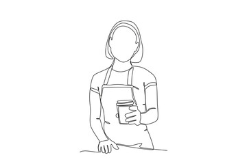 A female barista handed her a cup of coffee. International coffee day one-line drawing
