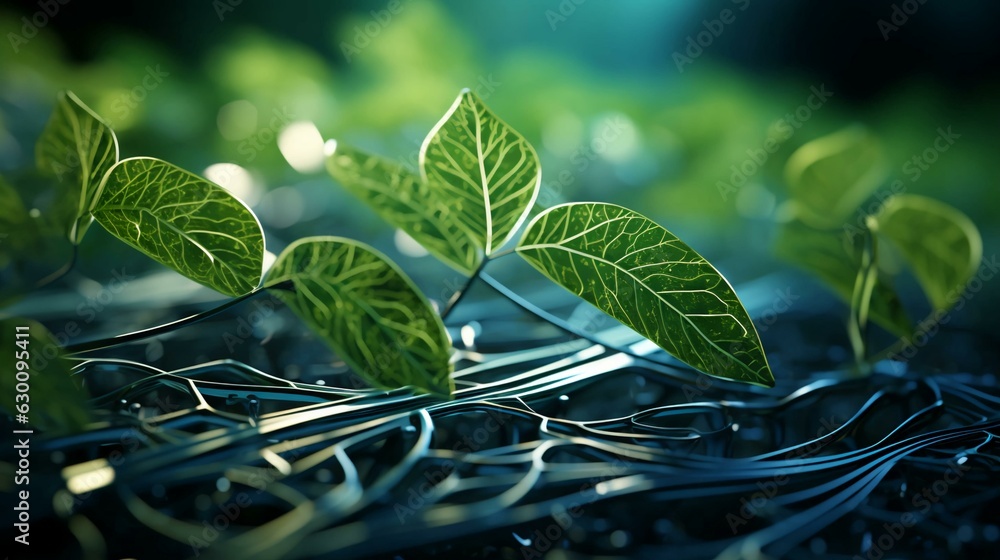 Poster green plants and grass on a computer board with microchips and microchips transistors and resistors.