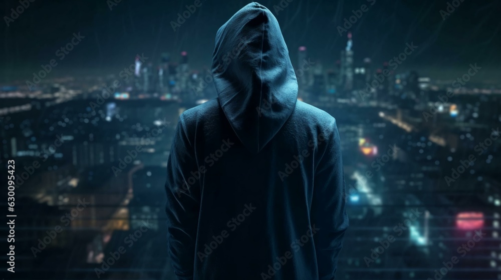 Poster hacker computer cybercriminal criminal with a jacket and a hood on the background of a big city at n