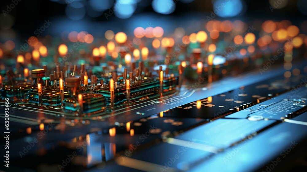 Poster computer futuristic high tech circuit board with microcircuits and electronic chips with transistors