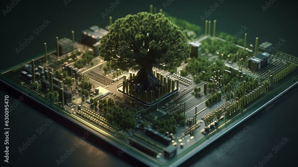 Poster green natural eco-friendly tree and computer technology on an abstract high-tech futuristic backgrou