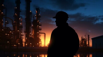 A working engineer in a hard hat stands in front of an oil refinery petrochemical chemical industrial plant with equipment. AI generated