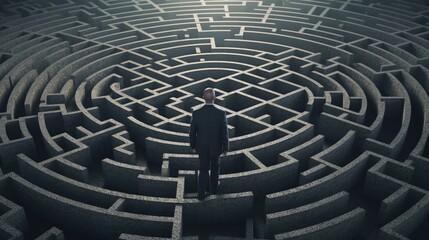 A man stands in a maze and thinks, view from the back. The concept of difficulty in making a decision. AI generated