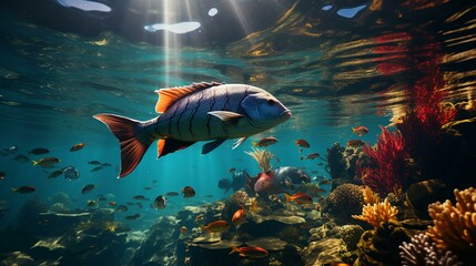 Underwater world with fish and corals. Underwater view of mari fishes and plants. AI generated
