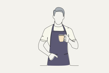 Colored illustration of a man holding a cup of coffee. International coffee day one-line drawing