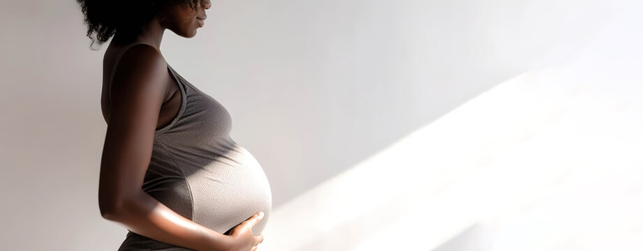 banner pregnant black woman in grey dress holds hands on big belly , Pregnancy, maternity, preparation and expectation, copyspace for text, generative ai.