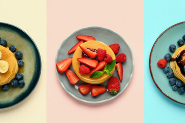 Plates with sweet pancakes and berries on color background