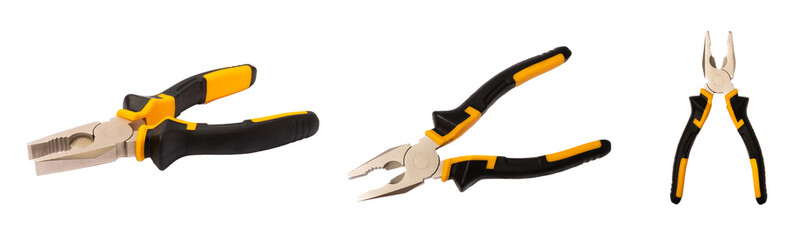 Pliers. Yellow and black pliers isolated on white background. Electrician tool set isolated on...