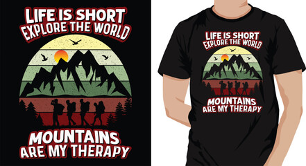 Life is short, explore the world, mountains are my therapy-Mountain adventure, retro vintage grunge, vector graphic illustration, typography, print t-shirt design bundle, stickers, template, posters