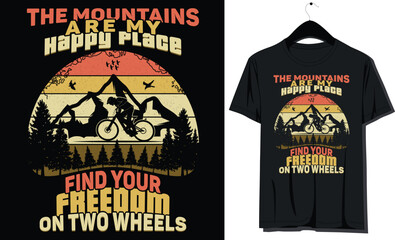 The mountains are my happy place-retro vintage vector graphics illustration, bicycle ride, mountain bike, cycling riding, typography, logo, bike rider shirt, print t-shirt design template