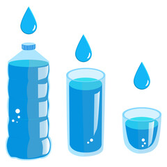 water glass. Set of water glass and water bottle isolated on white background. Blue water in glass