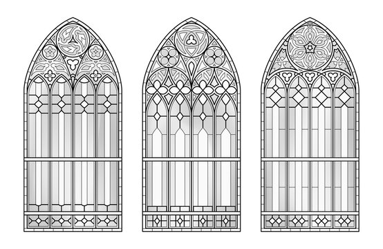 Glass church windows. Three Catholic black and white frames.