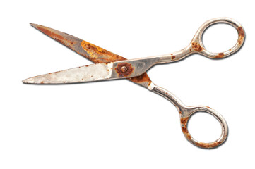 Old rusty scissors isolated on transparent.