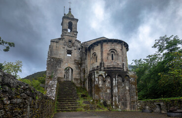 Fototapeta na wymiar Monastery of San Juan de Caveiro on a cloudy day, Parque Natural de las fraguas del Eume in A Coruña, Galicia, Spain