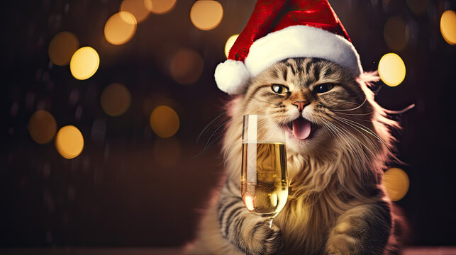 funny cat in santa hat holding champagne