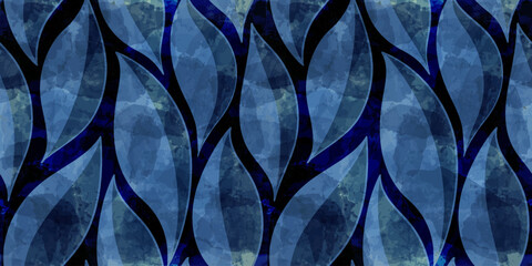 Watercolor leafs seamless pattern. Vector leave tie dye print. Blue transparent brush stain texture.