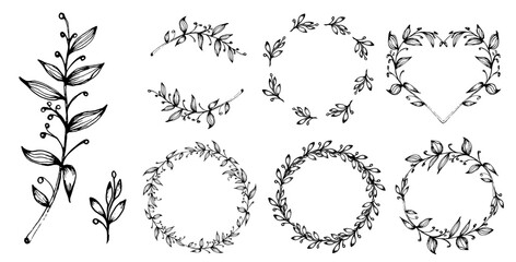 Floral branch hand drawn circle wreath set, vector illustration frame for card or invitations isolate on white background