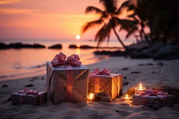 Foto auf Acrylglas Christmas gifts on a tropical coastline. Christmas Holiday on the tropical beach background.  © nnattalli