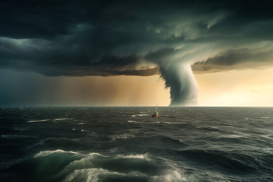 Generative AI image of raging tornado the middle of the ocean with a drifting boat