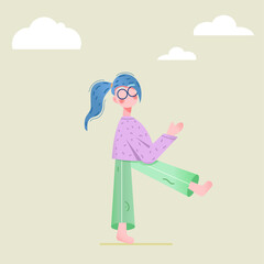 A blue-haired girl in glasses without a face, a purple sweater, green pants is walking