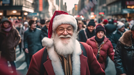 Generative AI image of smiling senior man with white beard in Santa Claus costume walking along people on street in city