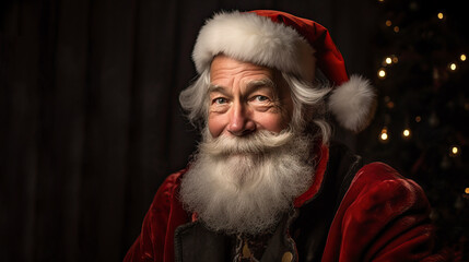 Generative AI image of portrait of smiling senior man in Santa Claus hat with long white beard looking at camera against dark background