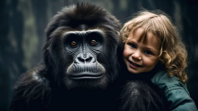Generative AI illustration of happy gorilla sitting with smiling little blond girl looking at camera against blurred dark background
