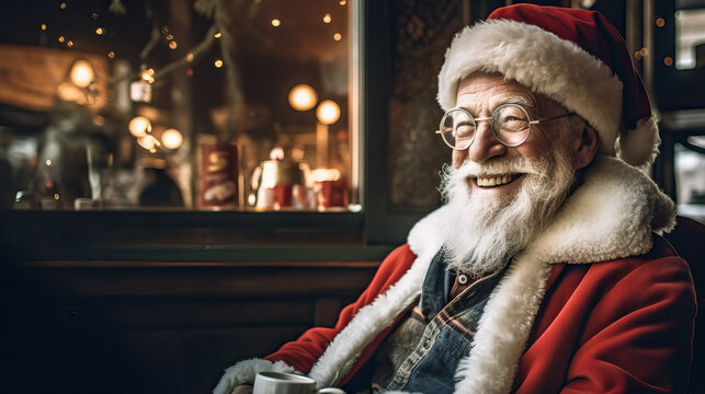 Generative AI image of portrait of smiling senior man seated in Santa Claus hat with long white beard looking away against blurred background