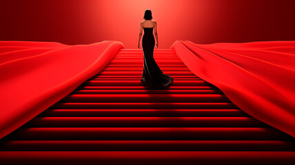 Illustration of a woman in an evening gown walking down the red carpet, up the steps, Generative AI 