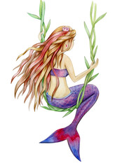 Mermaid  cartoon isolated on white, watercolor illustration.