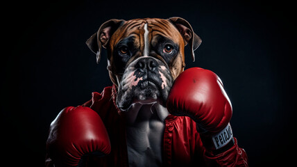 image of a boxer dog, wearing boxing gloves, on a dark background, Generative AI  - obrazy, fototapety, plakaty