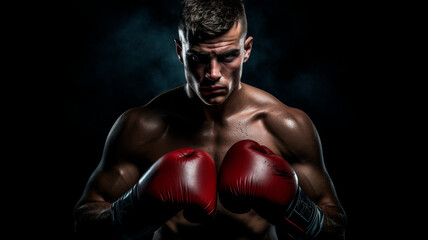 Plakat image of a boxer, in excellent physical shape, on a black background, Generative AI 