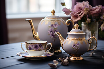 Fototapeta premium a charming afternoon tea set with a sugar bowl and creamer, accompanied by a teapot and tea cups Generative AI