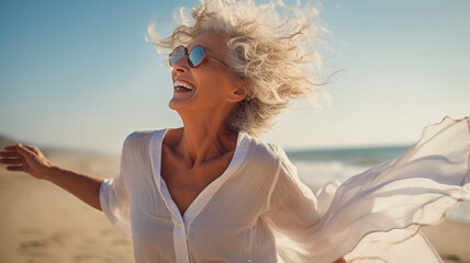 Joyful rhythms on the beach: image of happy dancing mature woman at the beach, Generative AI 