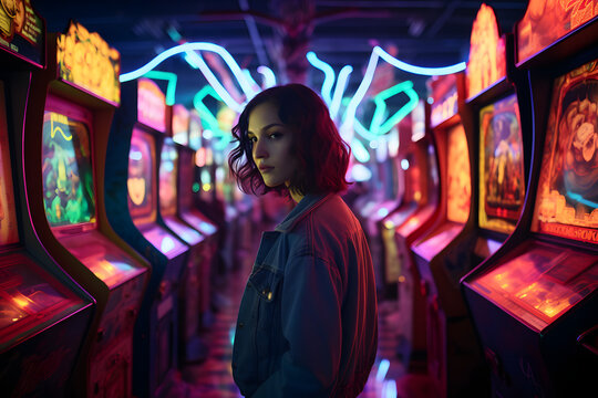 Retro Gaming Nostalgia: Gamer Enjoying Classic Arcade Games in Neon Wonderland | Generative AI