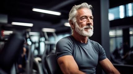 Fototapeta na wymiar Strength without age: elderly athletic man, in excellent physical shape, in the gym, Generative AI