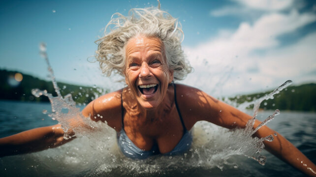 image of mature happy woman swim in the lake, Generative AI 