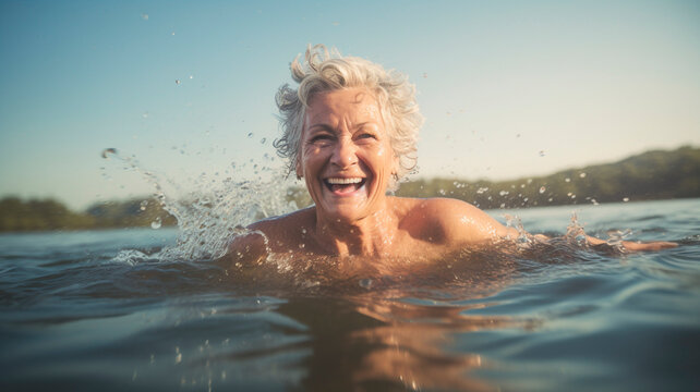 image of mature happy woman swim in the lake, Generative AI 