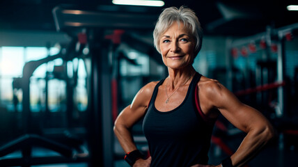 Fototapeta premium Strength without age: elderly athletic woman, in excellent physical shape, in the gym, Generative AI