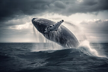 Generative AI illustration big whale with pointed fins skipping in blue ocean water with foam in daylight with a cloudy sky
