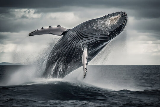 Generative AI illustration big whale with pointed fins skipping in blue ocean water with foam in daylight with a cloudy sky