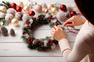 Creative Christmas diy woman making handmade Christmas wreath home leisure tools baubles and...