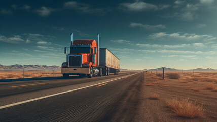 image of a truck on the highway, on the background of a beautiful landscape, Generative AI 