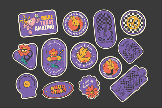 Groovy 70s stickers, collection of stickers in retro style, vector illustration