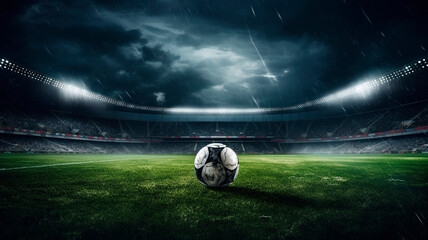 dramatic shot of a soccer field with green grass, soccer ball lying on the field, rain coming down,...