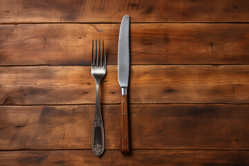 A beautifully composed a fork and knife placed neatly on a rustic wooden table, ready for a delicious meal Generative AI