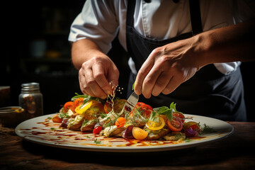 a chef's hands skillfully using a fork during food preparation, capturing the artistry of cooking Generative AI