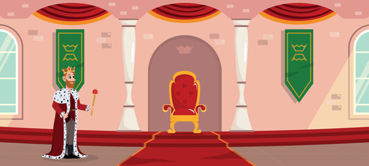 Vector illustration of a royal room in cartoon style. The king goes to his throne through a magnificent castle. Royal possessions.