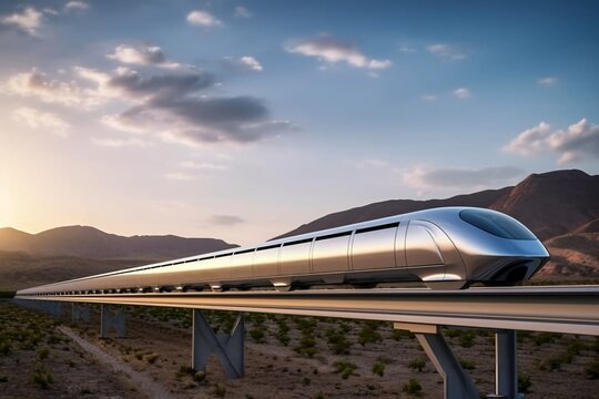 High speed train on a highway in the desert. 3d rendering. Hyperloop systems. Train on the railway