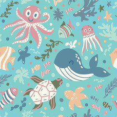 Cute underwater world with whale, turtle, octopus, algae and fish. Childish seamless vector pattern in flat style with blue-green colors. Print with wild ocean life. Design for fabric, wallpaper